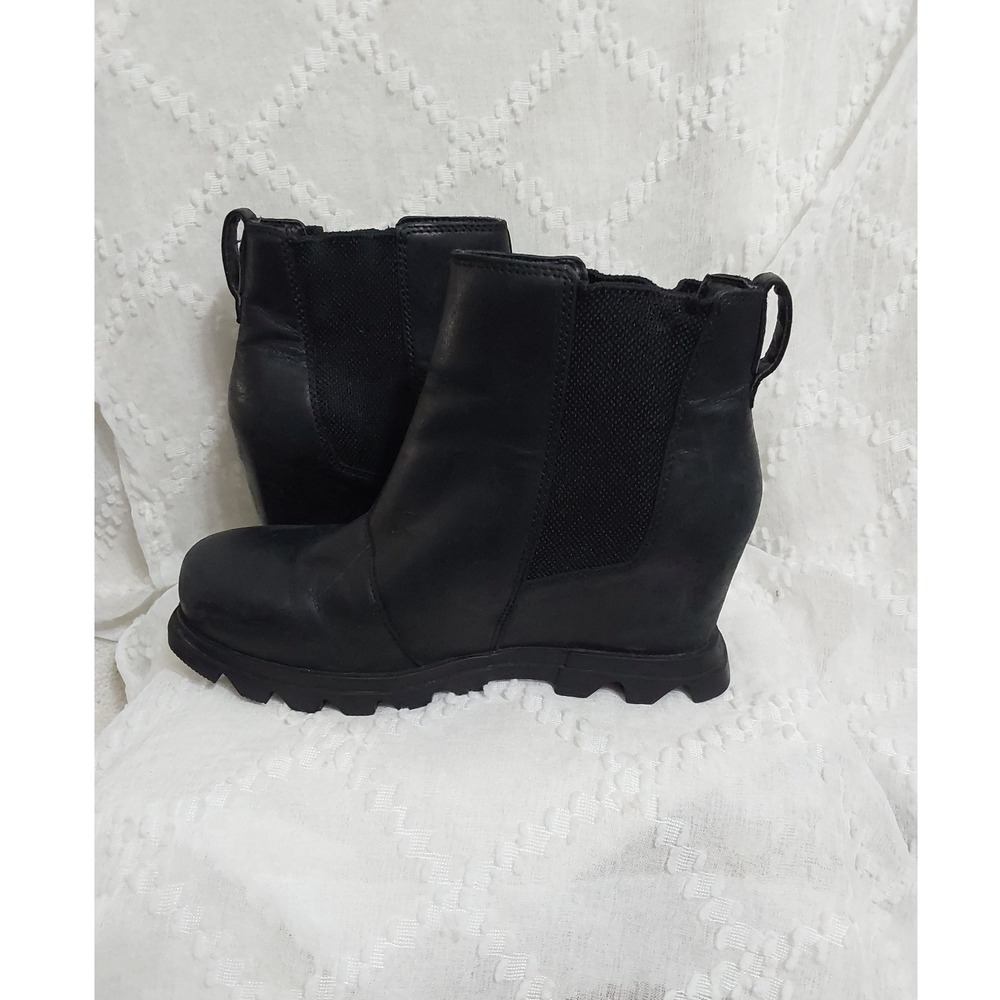 Sorel Joan of Arctic Wedge Ankle Boots Black Leather Waterproof Womens 8.5